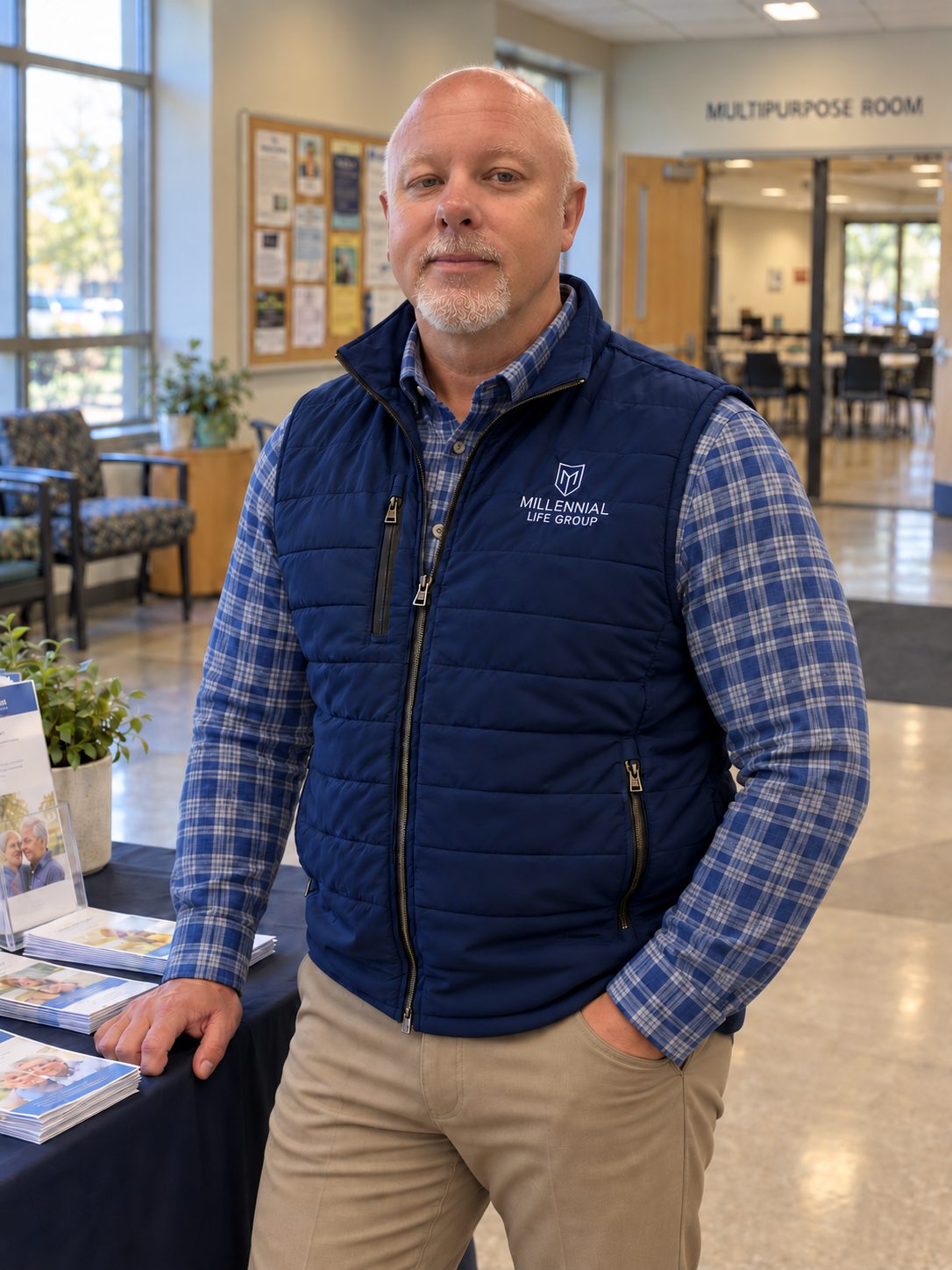 James Kaufer standing beside a table of printed informational brochures, wearing a navy Millennial Life Group vest
