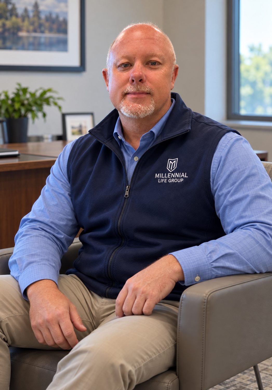 James Kaufer of Millennial Life Group seated in an office armchair, wearing a navy Millennial Life Group vest